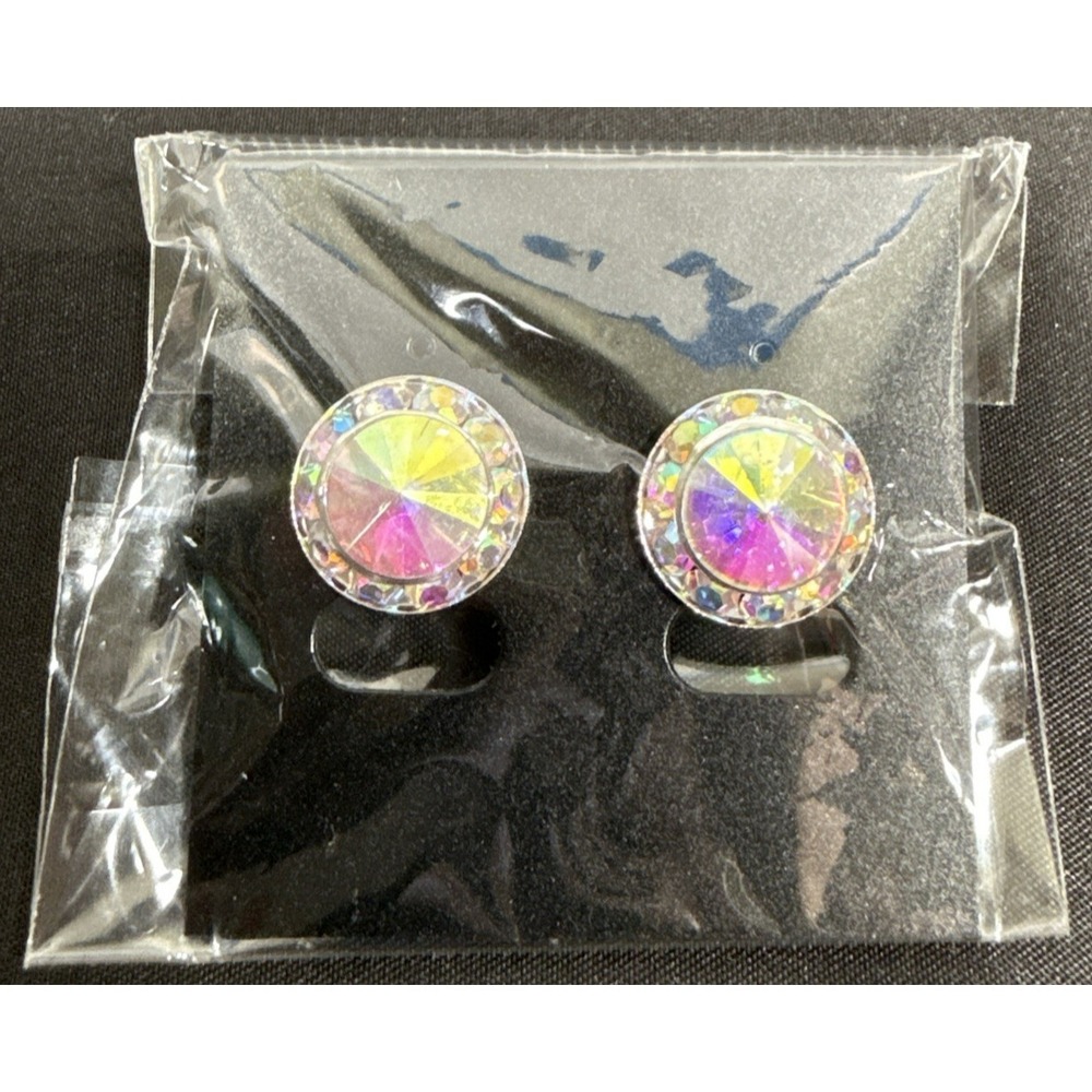 Unbranded Crystal Stud Earrings Womens OS Iridescent Silver Tone Halo Rhinestone